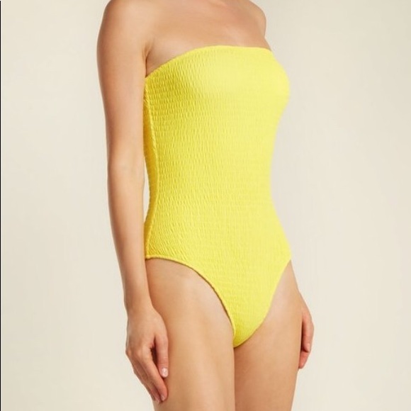 yellow strapless one piece swimsuit
